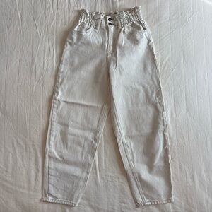 Cream Paperbag Wide Leg Jeans with Brown Contrast Stitching